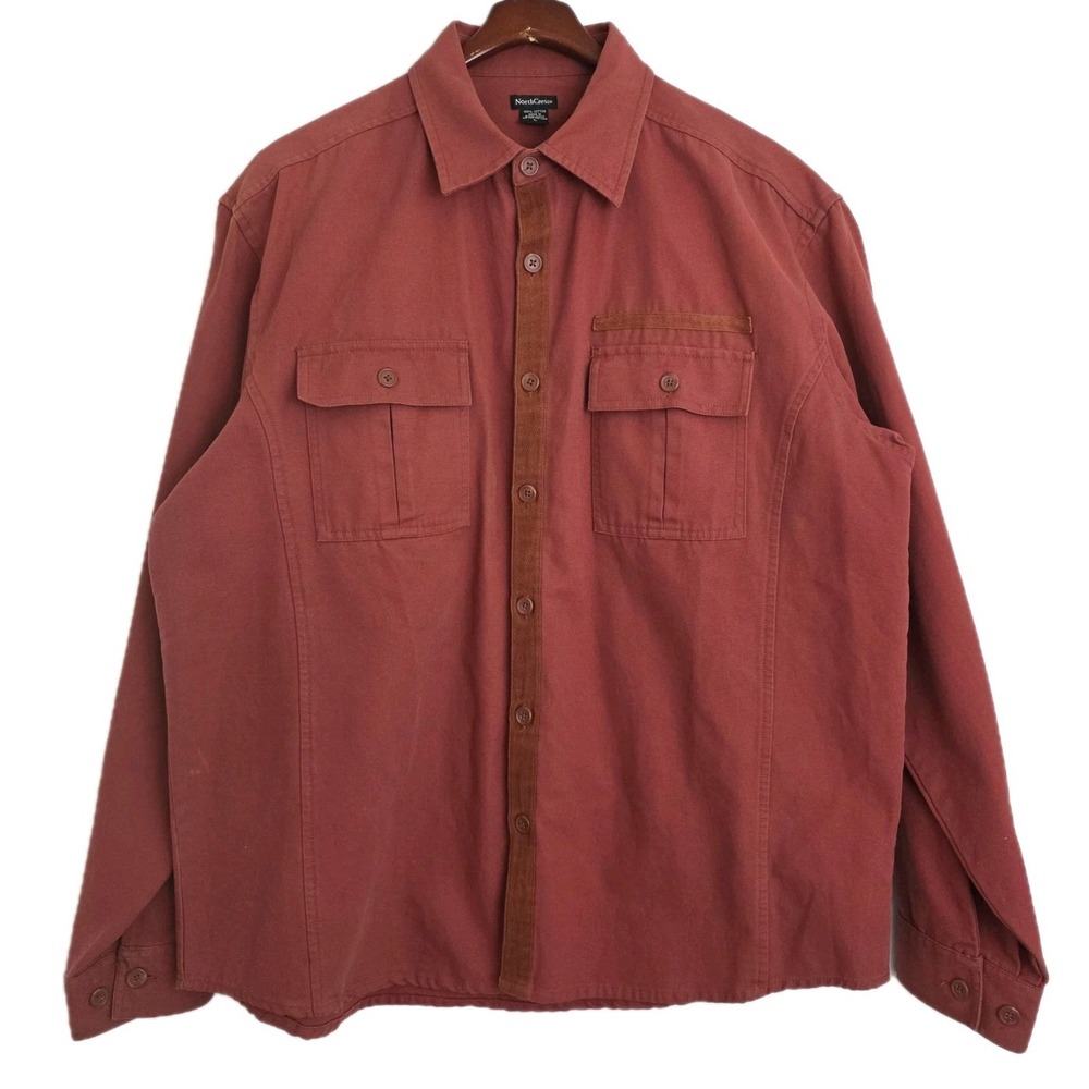 NorthCrest Men's Large Heavy Cotton Button Shirt Light Brick Red Long Sleeve